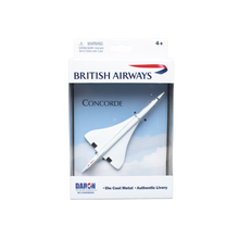 Load image into Gallery viewer, A boxed miniature die-cast metal model of a British Airways Concorde airplane, shown in its retail packaging against a plain white background.