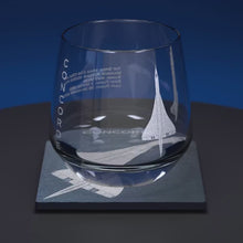 Load and play video in Gallery viewer, CONCORDE ENGRAVED GLASS TUMBLER AND SLATE COASTER SET