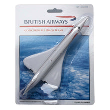 Load image into Gallery viewer, A pull-back Concorde toy in plastic packaging, predominantly gray in color, with British Airways branding.