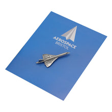 Load image into Gallery viewer, A pewter pin badge shaped like the Concorde aircraft, displayed on a blue card with the text 'Aerospace Bristol'.