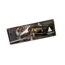 Load image into Gallery viewer, A rectangular acrylic desk mat featuring a printed aerial bridge scene in Bristol, with the white 'AEROSPACE BRISTOL' logo in the bottom right corner, shown on a plain white background.
